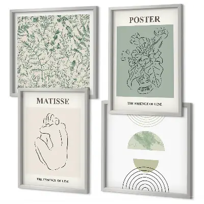 Set of 4 wall art pieces with botanical line art and minimalist patterns