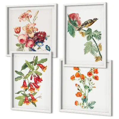 Painted flowers retro bird wall art set of 4 pieces