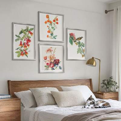 Set of 4 wall art pieces Painted flowers retro bird
