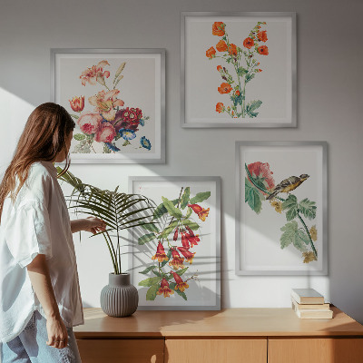 Set of 4 wall art pieces Painted flowers retro bird