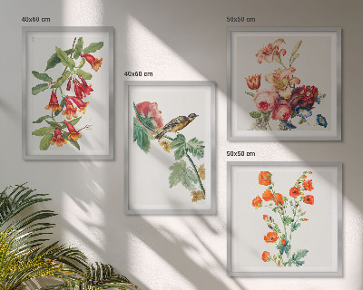 Set of 4 wall art pieces Painted flowers retro bird