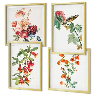 Painted flowers retro bird wall art set of 4 pieces