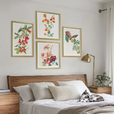 Painted flowers retro bird wall art set of 4 pieces