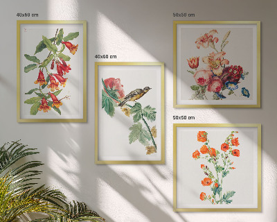 Set of 4 wall art pieces Painted flowers retro bird