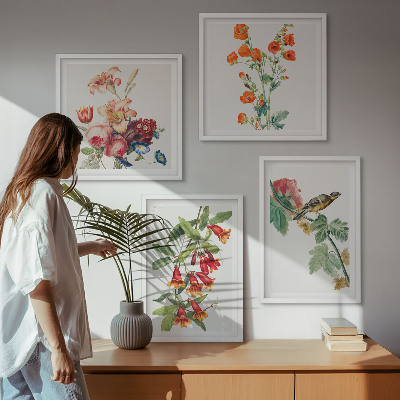 Set of 4 wall art pieces Painted flowers retro bird