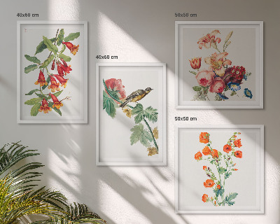 Set of 4 wall art pieces Painted flowers retro bird