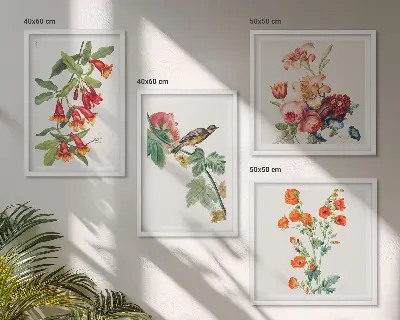 Painted flowers retro bird wall art set of 4 pieces