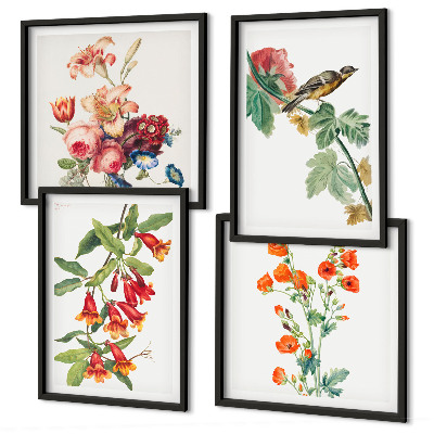 Set of 4 wall art pieces Painted flowers retro bird