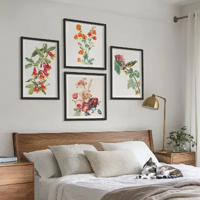 Painted flowers retro bird wall art set of 4 pieces