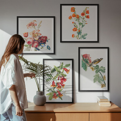 Set of 4 wall art pieces Painted flowers retro bird