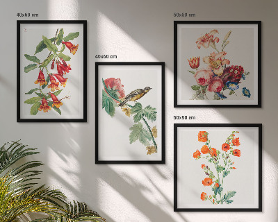 Set of 4 wall art pieces Painted flowers retro bird