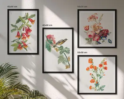 Painted flowers retro bird wall art set of 4 pieces