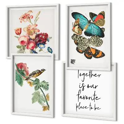 Pastel flowers butterflies and birds wall art set of 4 pieces