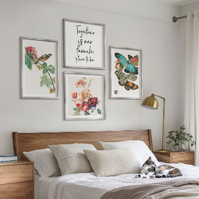 Set of 4 wall art pieces Flowers butterflies bird pastel
