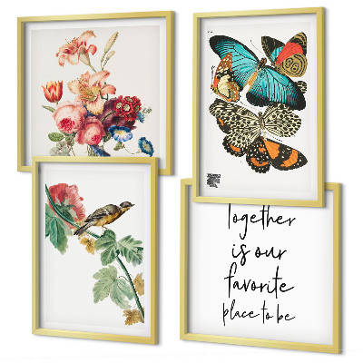 Set of 4 wall art pieces Flowers butterflies bird pastel
