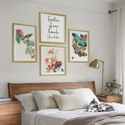 Set of 4 wall art pieces Flowers butterflies bird pastel