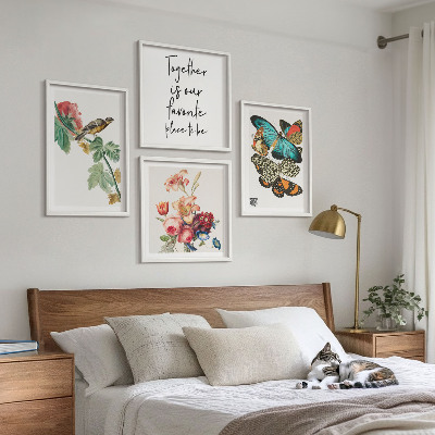 Set of 4 wall art pieces Flowers butterflies bird pastel