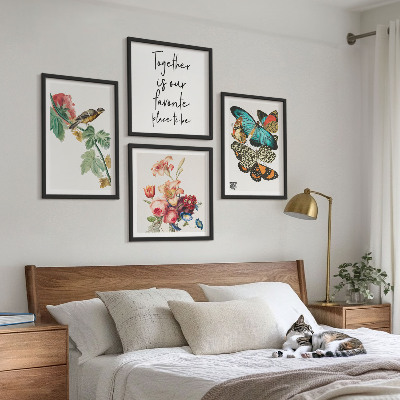 Set of 4 wall art pieces Flowers butterflies bird pastel