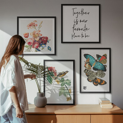 Set of 4 wall art pieces Flowers butterflies bird pastel