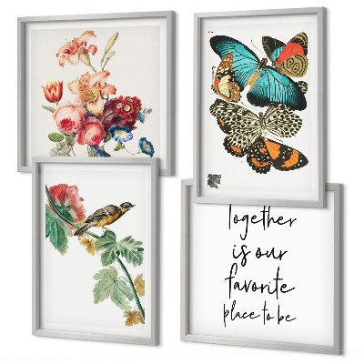 Set of 4 wall art pieces Flowers butterflies bird pastel