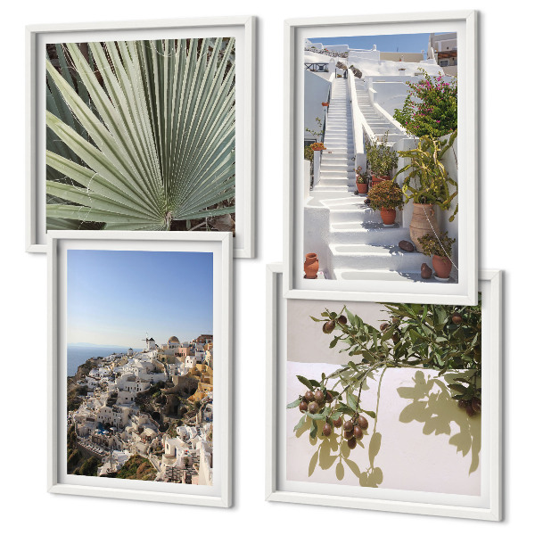 Wall art set White stairs Santorini view