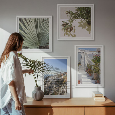 Wall art set White stairs Santorini view