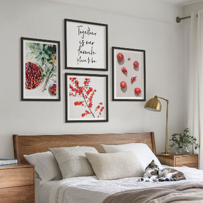 Set of 4 wall art pieces Red fruits of plants minimalism