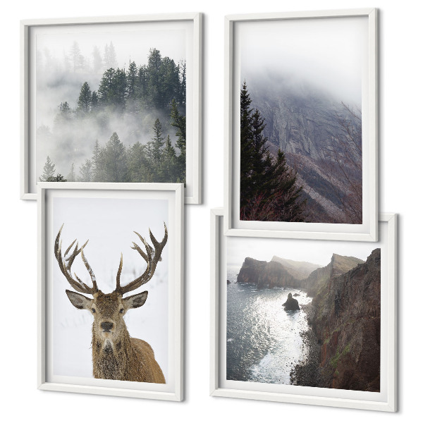 Multi-piece wall decor set Mountain landscape fog deer