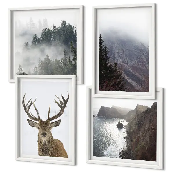 Multi-piece wall decor set mountain landscape with fog and a deer