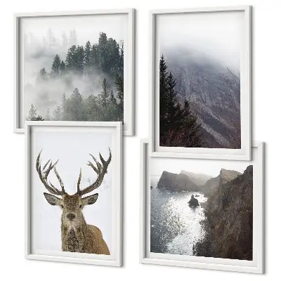 Multi-piece wall decor set mountain landscape with fog and a deer