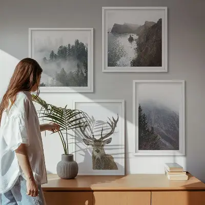 Multi-piece wall decor set mountain landscape with fog and a deer