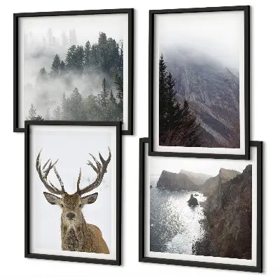 Multi-piece wall decor set mountain landscape with fog and a deer