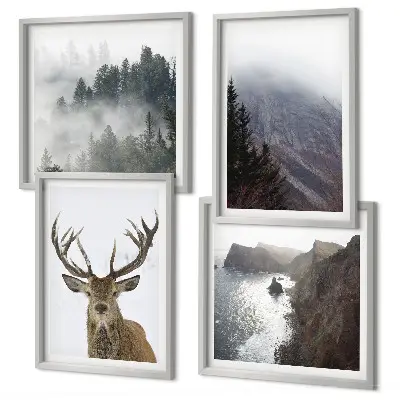 Multi-piece wall decor set mountain landscape with fog and a deer