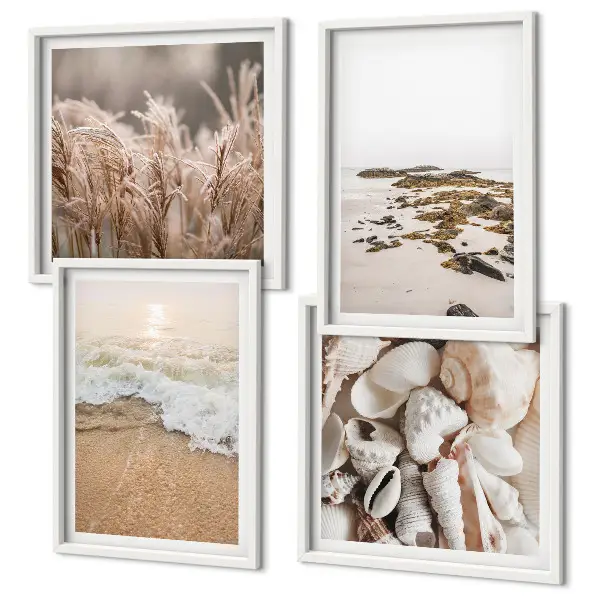 Set of 4 boho beach wall art pieces featuring grass, waves, and stones