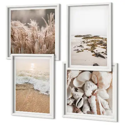 Set of 4 boho beach wall art pieces featuring grass, waves, and stones