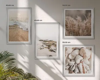 Set of 4 boho beach wall art pieces featuring grass, waves, and stones
