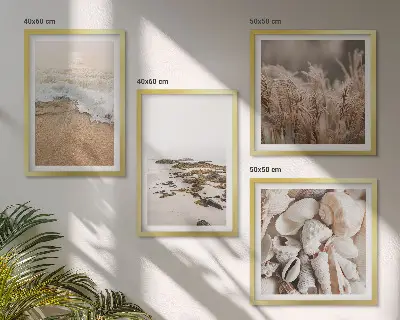 Set of 4 boho beach wall art pieces featuring grass, waves, and stones