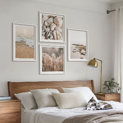 Set of 4 wall art pieces Beach grass waves stones boho