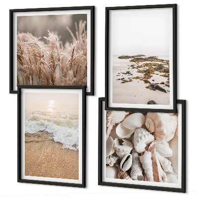 Set of 4 wall art pieces Beach grass waves stones boho