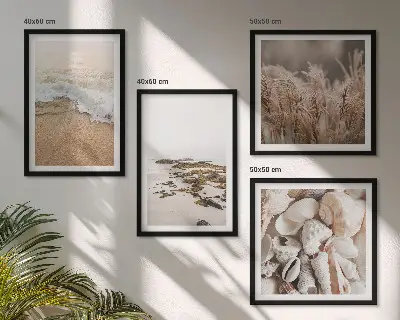 Set of 4 boho beach wall art pieces featuring grass, waves, and stones