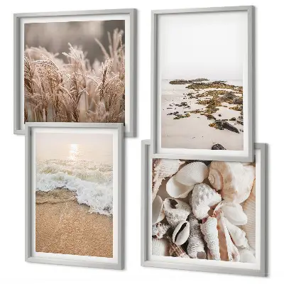 Set of 4 boho beach wall art pieces featuring grass, waves, and stones