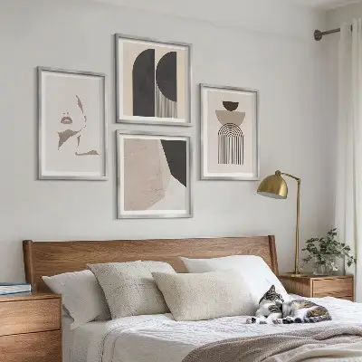Set of 4 wall art pieces with abstract white and brown patterns