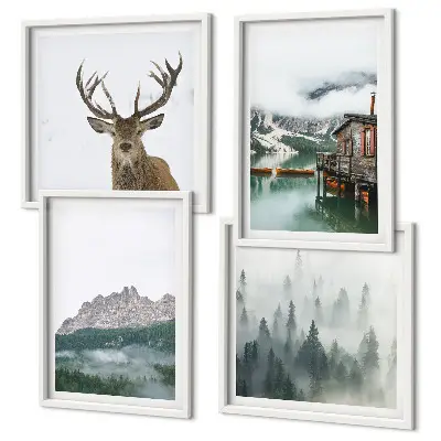 Multi-piece wall decor set featuring mountains, a lake, deer, a cottage, and fog