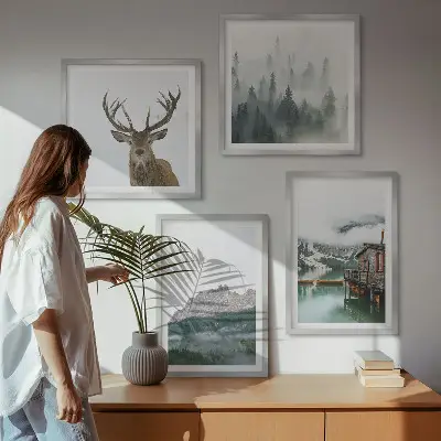 Multi-piece wall decor set featuring mountains, a lake, deer, a cottage, and fog