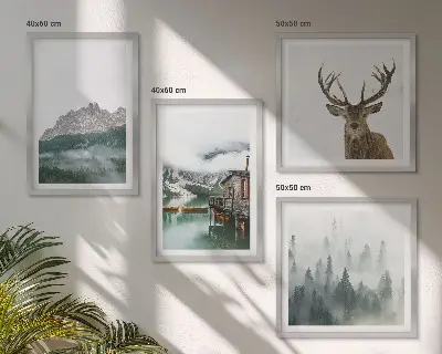 Multi-piece wall decor set featuring mountains, a lake, deer, a cottage, and fog