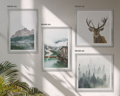 Multi-piece wall decor set Mountains lake deer cottage fog