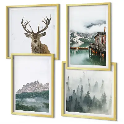 Multi-piece wall decor set featuring mountains, a lake, deer, a cottage, and fog
