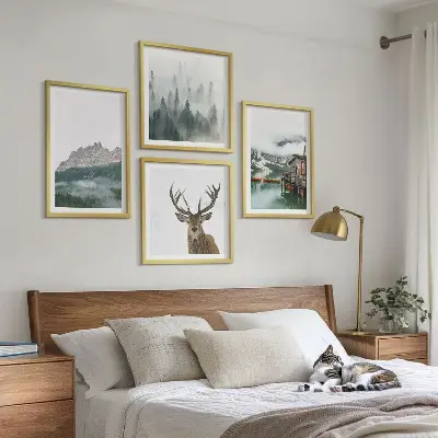Multi-piece wall decor set featuring mountains, a lake, deer, a cottage, and fog