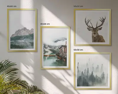 Multi-piece wall decor set featuring mountains, a lake, deer, a cottage, and fog