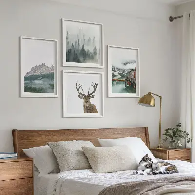Multi-piece wall decor set featuring mountains, a lake, deer, a cottage, and fog